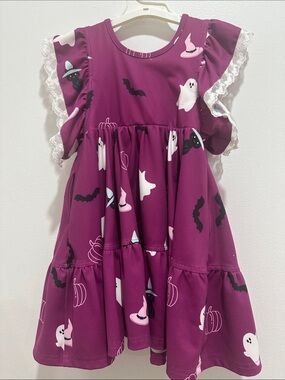 Girls' Halloween Dress with Ghost & Bat Print - Purple
